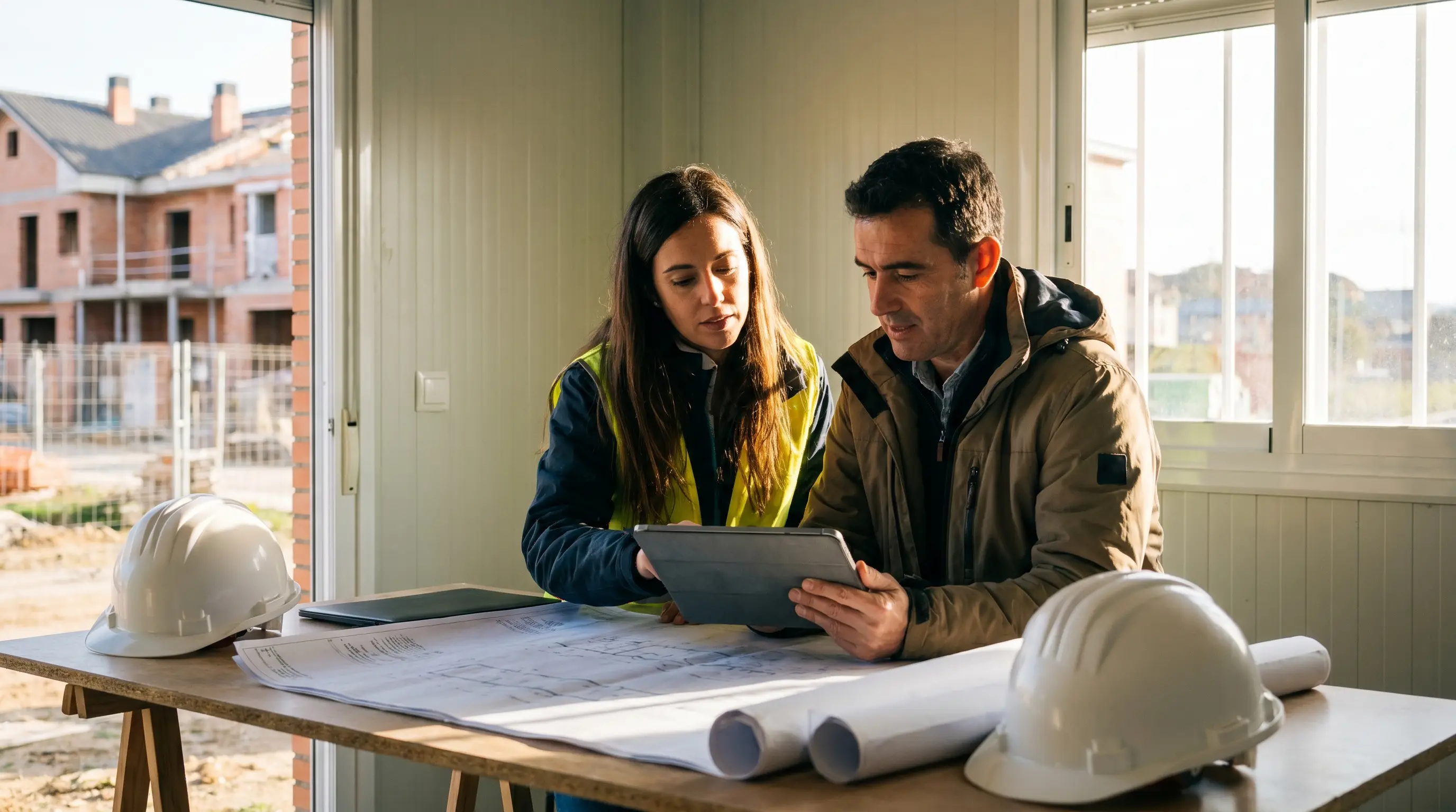 Equipo de obra revisando un presupuesto de construcción en una tablet con BuildNexion