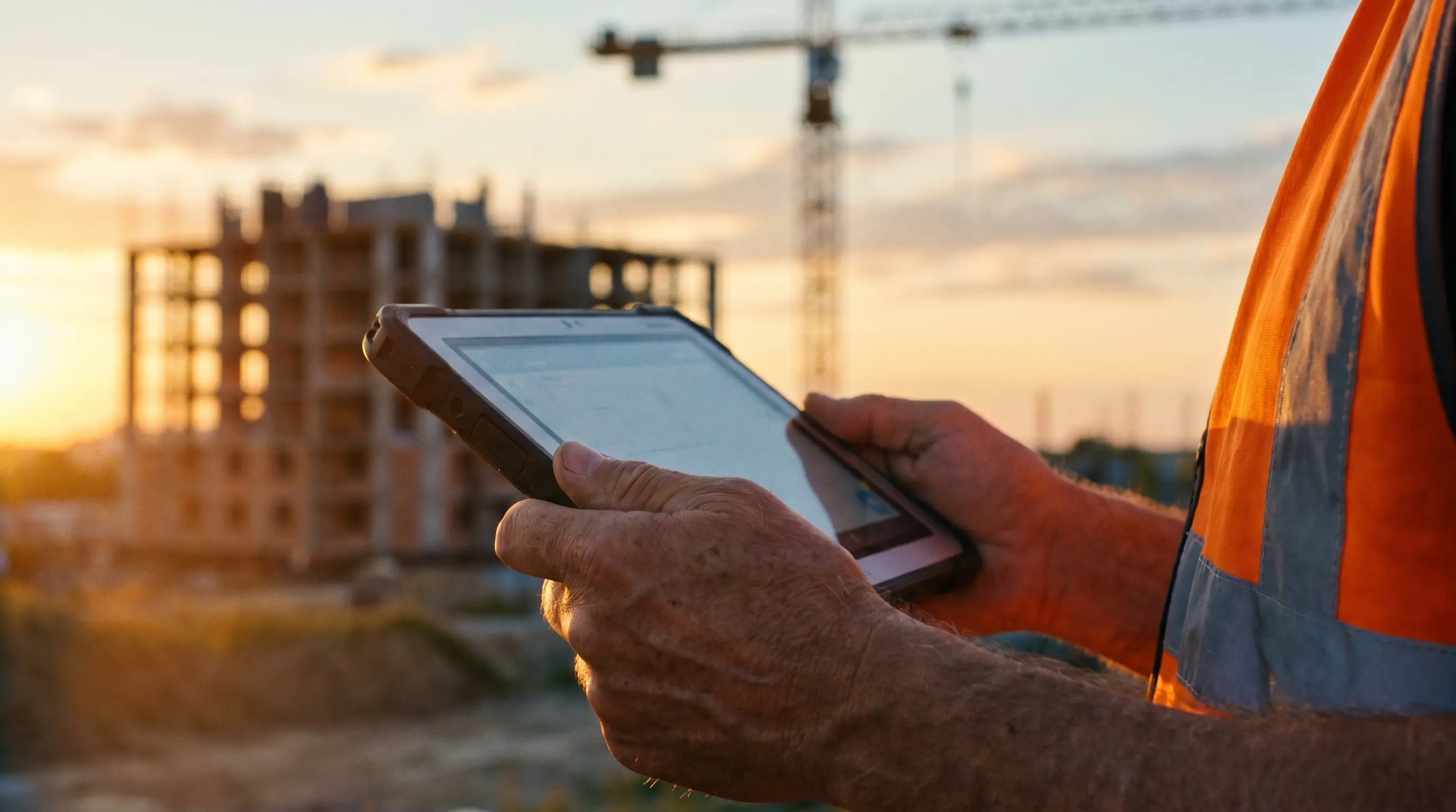 Jefe de obra revisando la planificación de obra en el Gantt de BuildNexion desde una tablet