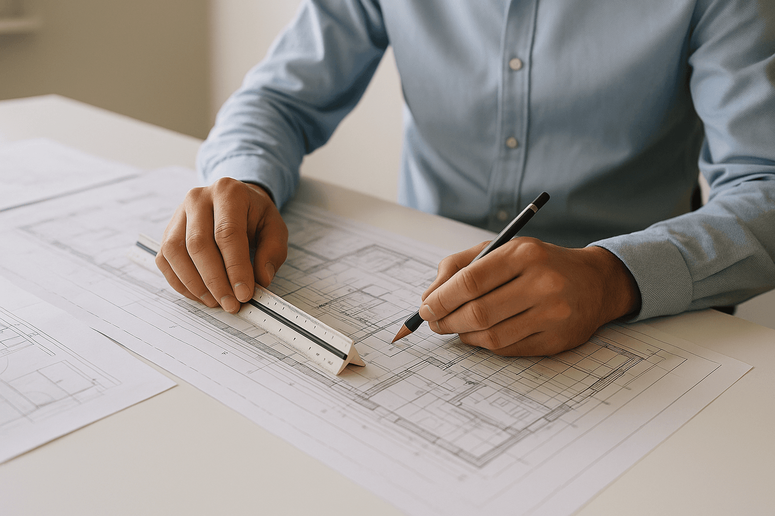 Manos de un técnico sobre planos y un comparativo de ofertas, clave en la gestión de subcontratas de obra.