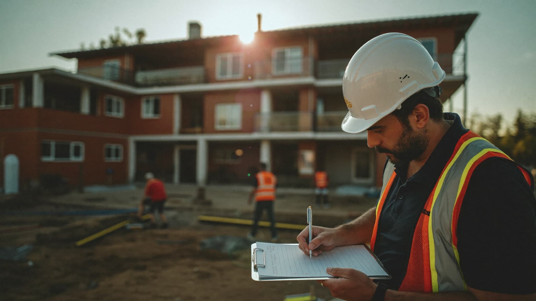 Encargado rellenando el parte de obra diario en un portafolios a pie de obra