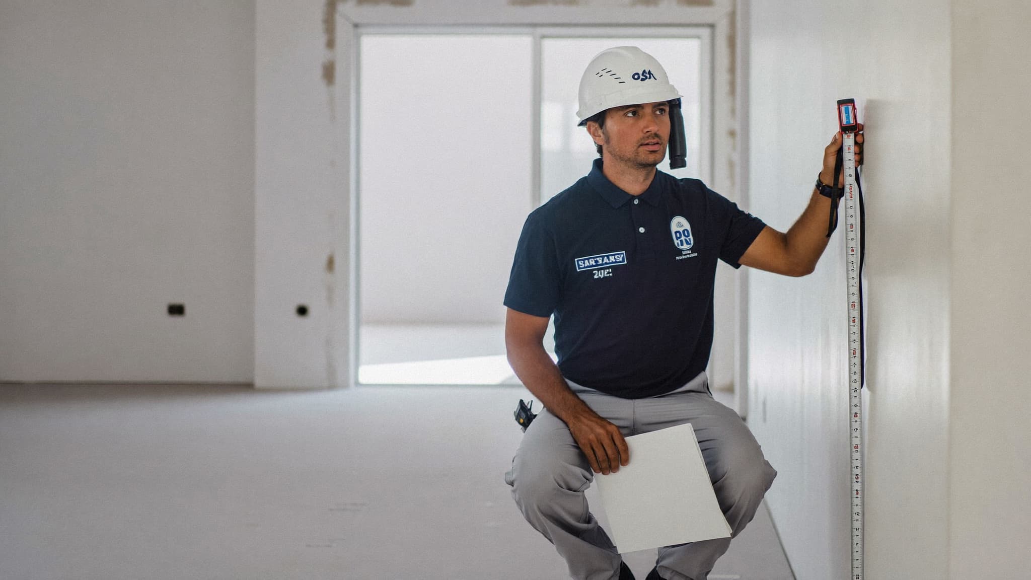 Técnico midiendo con cinta métrica la obra ejecutada para la certificación